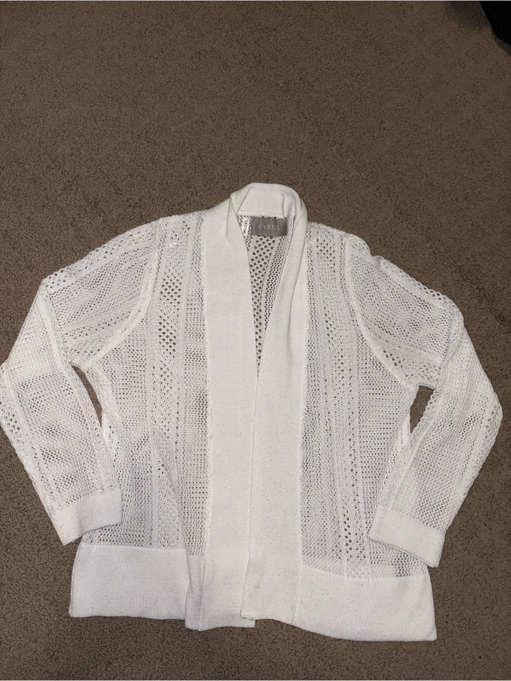 Cyrus White Open-Weave Shawl Collar Cardigan